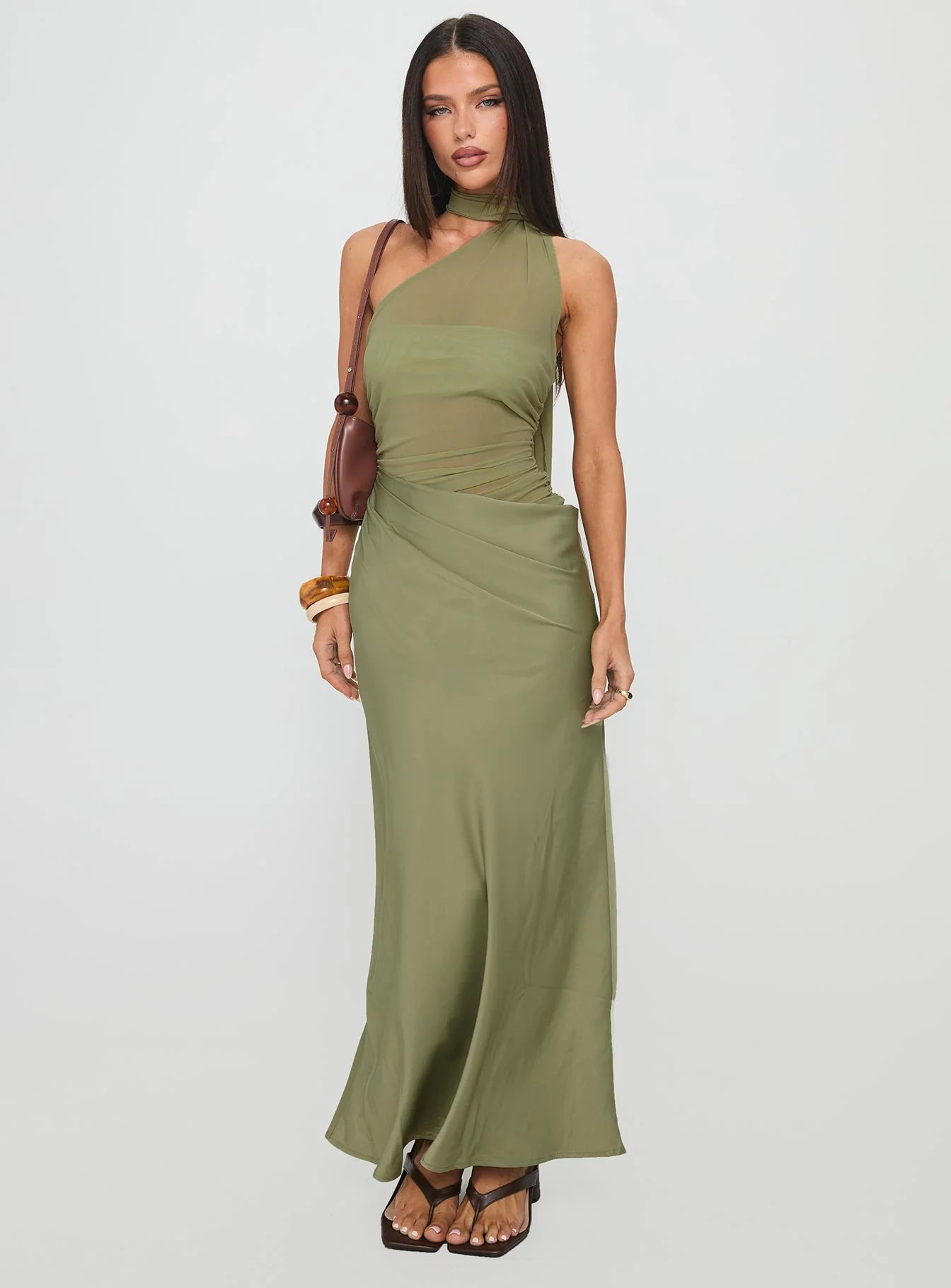 Olive Green Halter Neck Asymmetrical Draped Maxi Evening Dresses