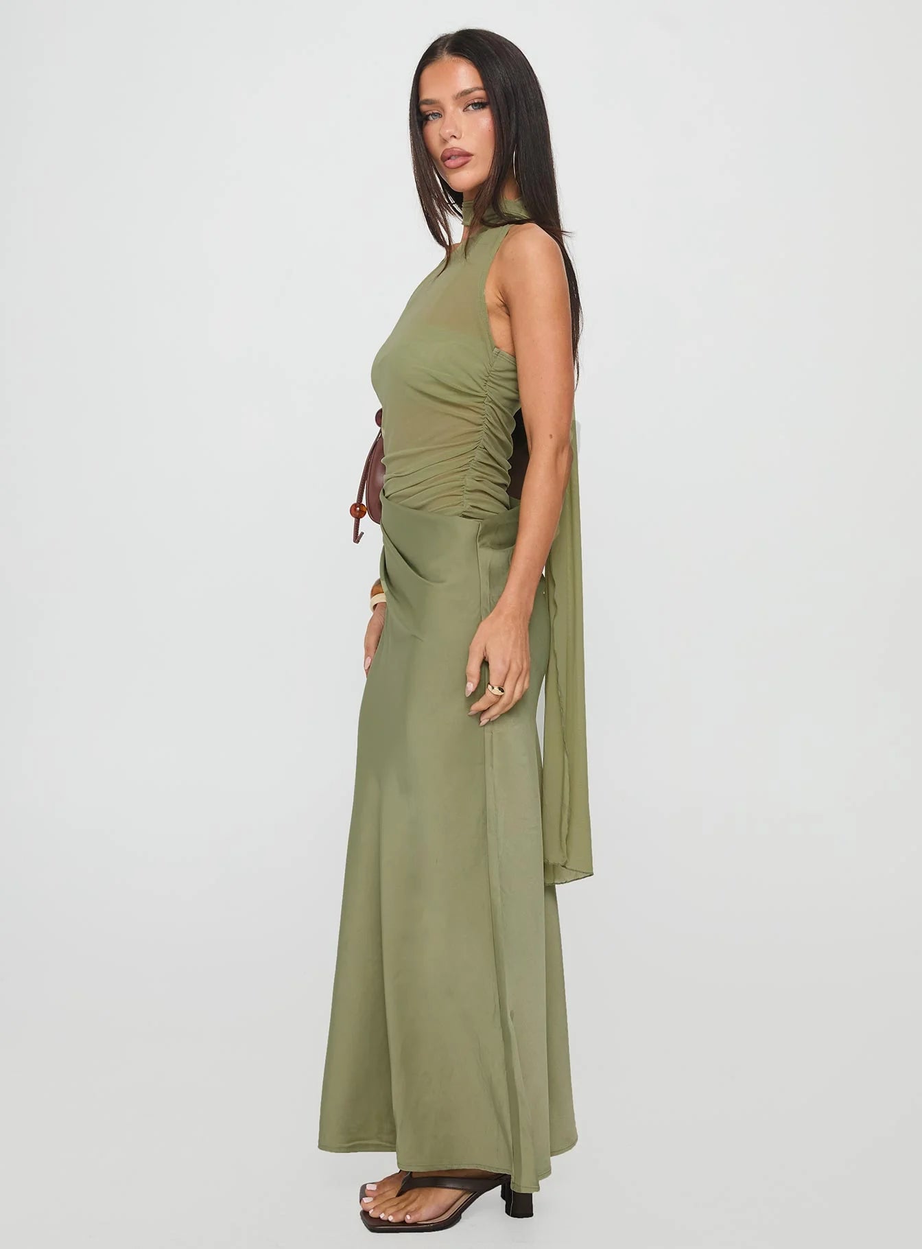 Olive Green Halter Neck Asymmetrical Draped Maxi Evening Dresses