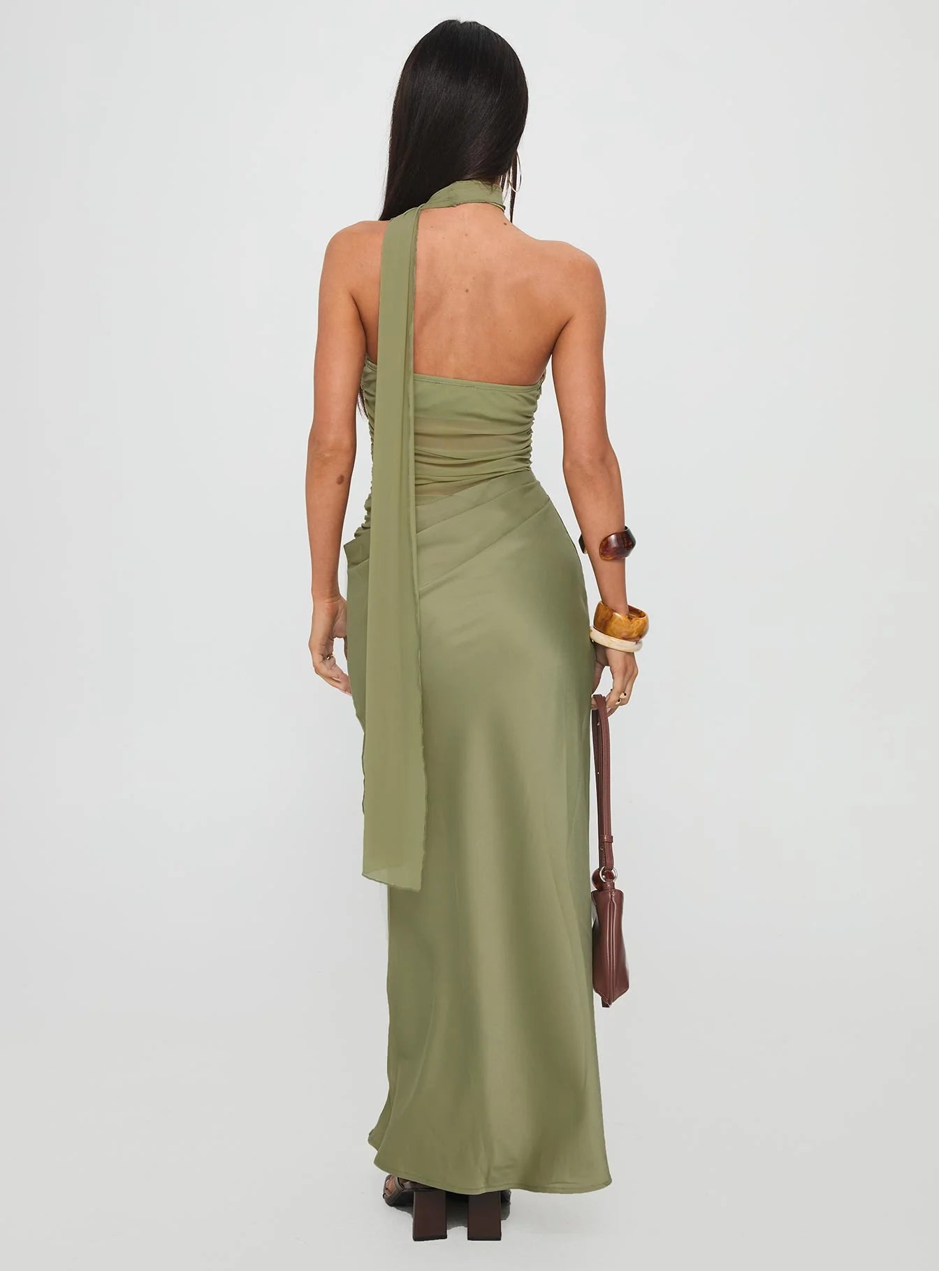 Olive Green Halter Neck Asymmetrical Draped Maxi Evening Dresses