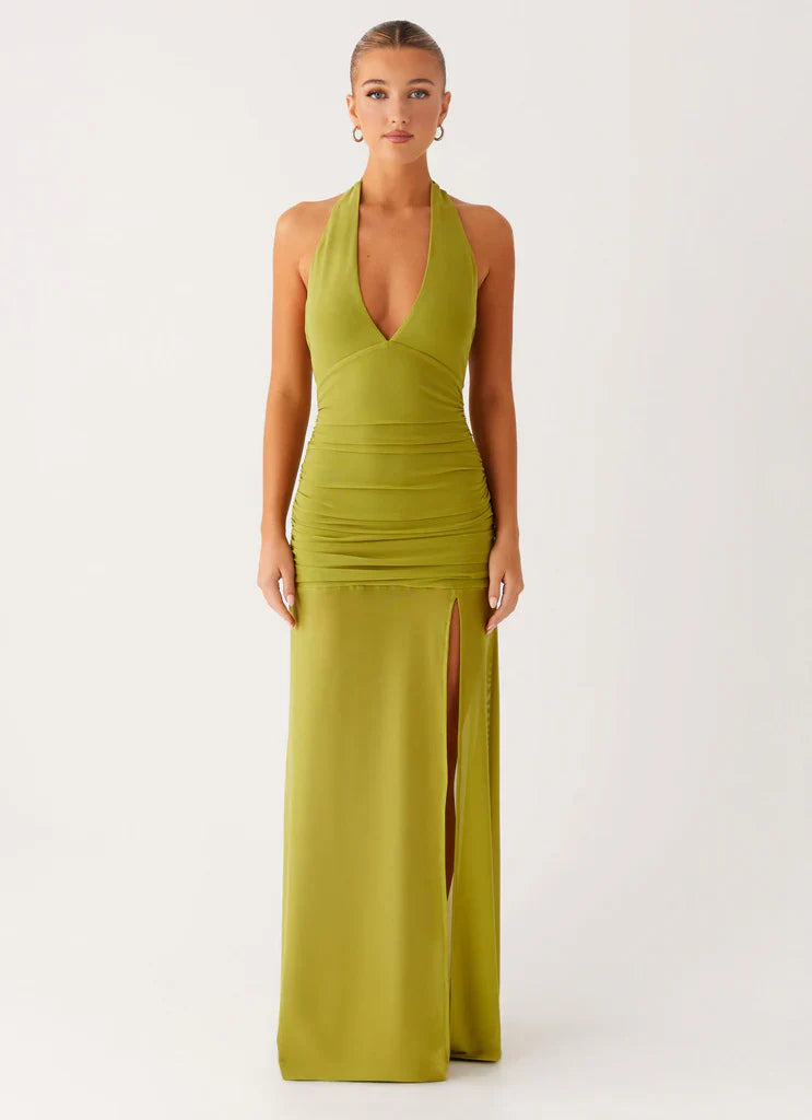 Olive Green Halter Neck Ruched Backless Maxi Dress with Slit For Elegant Formal Evening Events