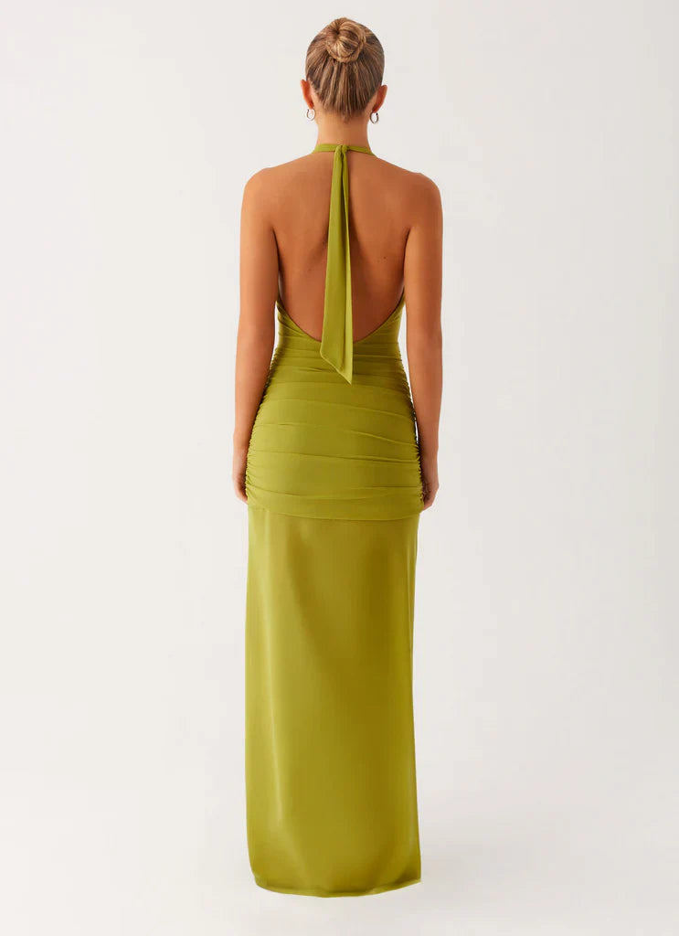 Olive Green Halter Neck Ruched Backless Maxi Dress with Slit For Elegant Formal Evening Events