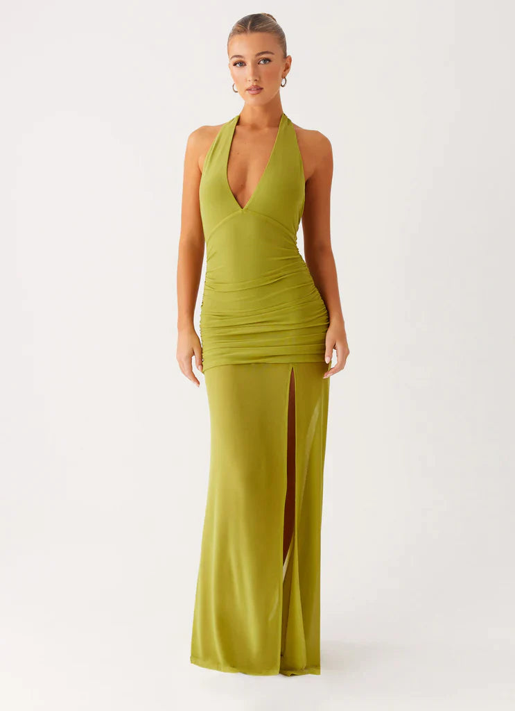 Olive Green Halter Neck Ruched Backless Maxi Dress with Slit For Elegant Formal Evening Events