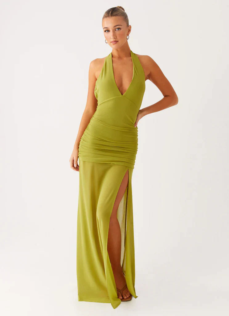 Olive Green Halter Neck Ruched Backless Maxi Dress with Slit For Elegant Formal Evening Events