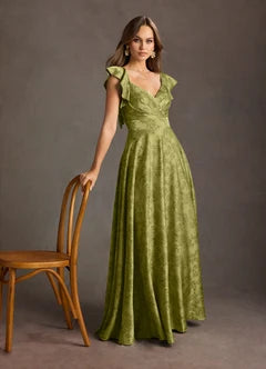 Olive Green Jacquard Ruffle Sleeve V-Neck A-Line Maxi Evening Dresses