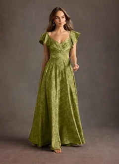 Olive Green Jacquard Ruffle Sleeve V-Neck A-Line Maxi Evening Dresses
