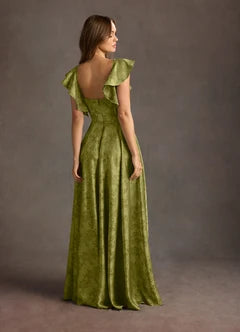 Olive Green Jacquard Ruffle Sleeve V-Neck A-Line Maxi Evening Dresses