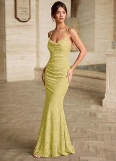 Olive Green Lace Mermaid Spaghetti Strap Lace-Up Back Maxi Evening Dresses