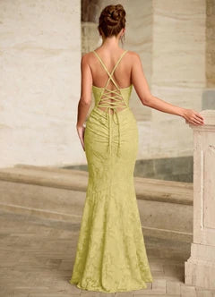Olive Green Lace Mermaid Spaghetti Strap Lace-Up Back Maxi Evening Dresses