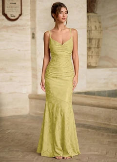 Olive Green Lace Mermaid Spaghetti Strap Lace-Up Back Maxi Evening Dresses
