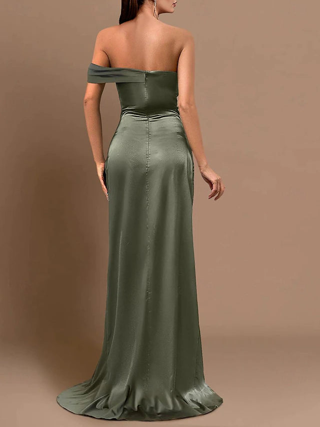 Olive Green Off-the-Shoulder Satin Ruched Slit Evening Dresses
