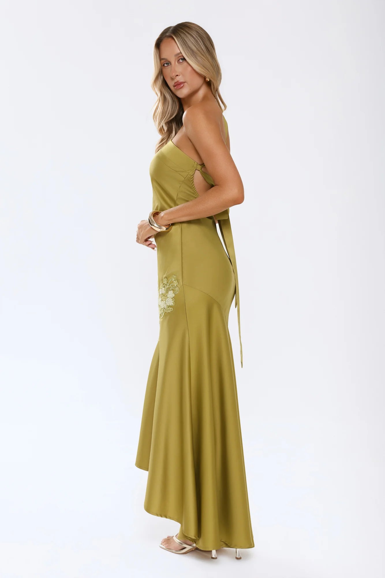 Olive Green One-Shoulder Floral Embroidered Mermaid Satin Evening Dresses