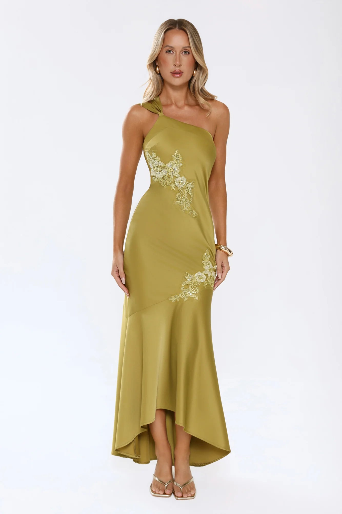 Olive Green One-Shoulder Floral Embroidered Mermaid Satin Evening Dresses