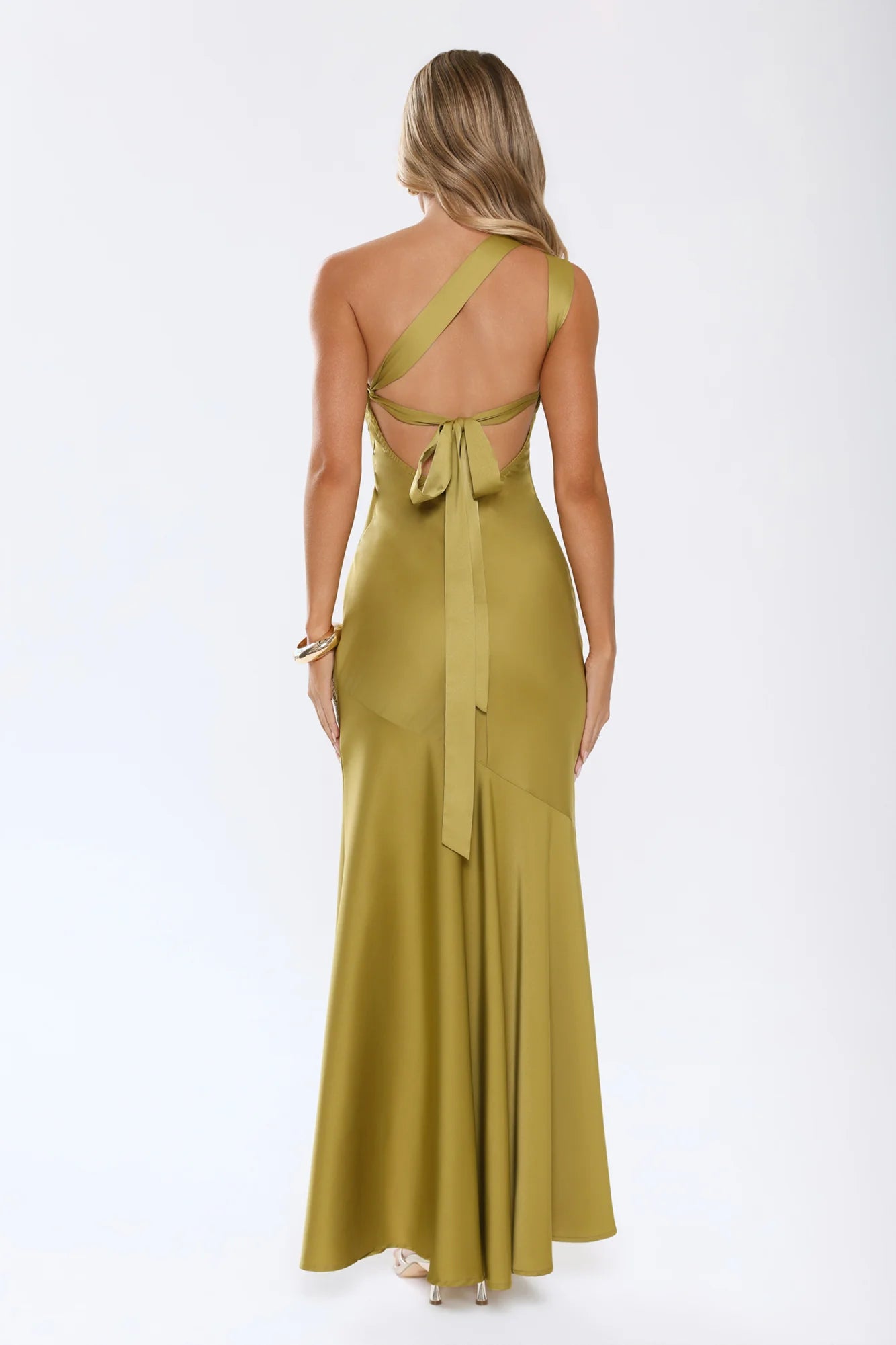 Olive Green One-Shoulder Floral Embroidered Mermaid Satin Evening Dresses