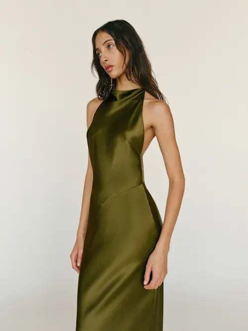 Olive Green Satin Cowl Halter Neck Open Back Tassel Detail Maxi Prom Gown