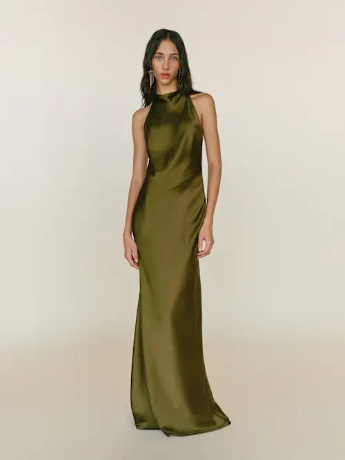 Olive Green Satin Cowl Halter Neck Open Back Tassel Detail Maxi Prom Gown