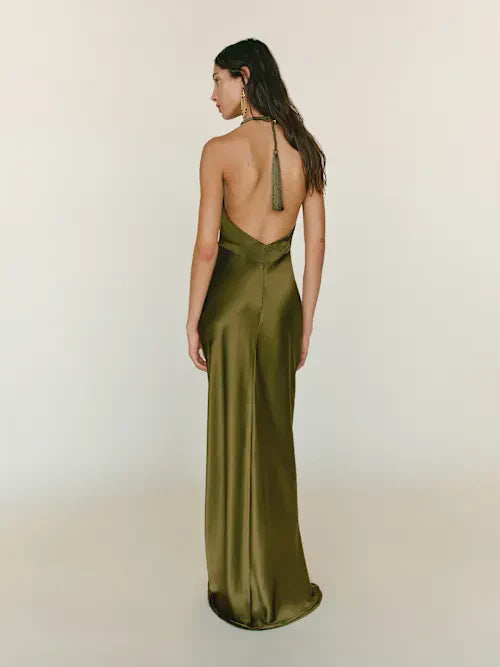 Olive Green Satin Cowl Halter Neck Open Back Tassel Detail Maxi Prom Gown