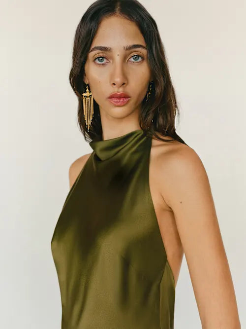 Olive Green Satin Cowl Halter Neck Open Back Tassel Detail Maxi Prom Gown