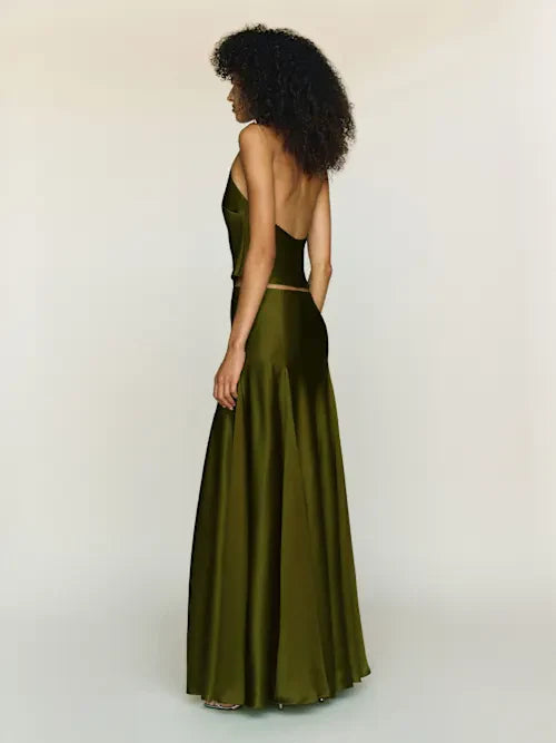 Olive Green Satin Cowl Neck Halter Crop Top Prom dress