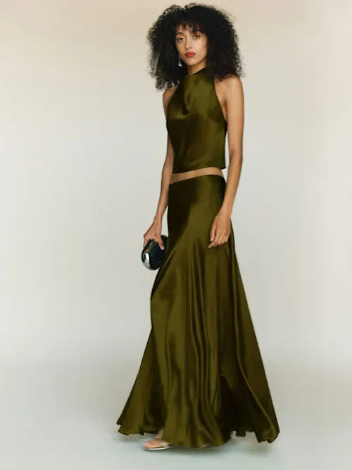 Olive Green Satin Cowl Neck Halter Crop Top Prom dress