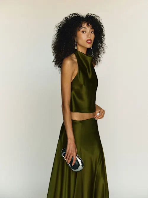 Olive Green Satin Cowl Neck Halter Crop Top Prom dress