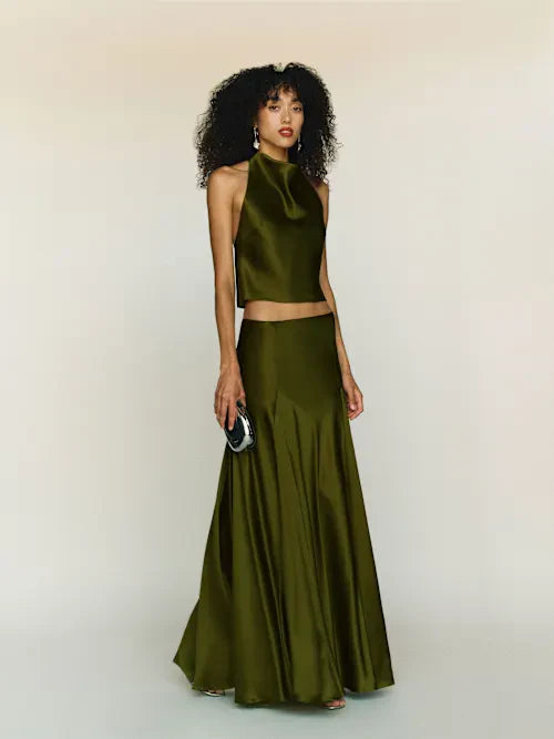 Olive Green Satin Cowl Neck Halter Crop Top Prom dress