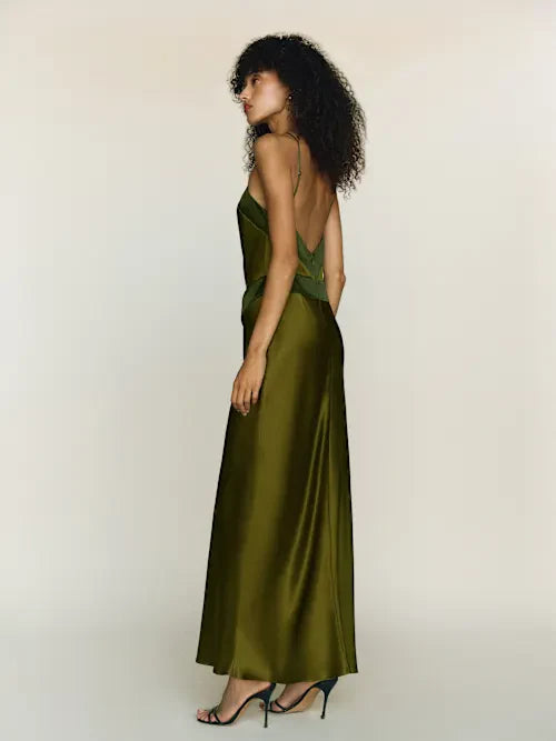 Olive Green Satin Halter Neck Open Back Maxi Prom Dress