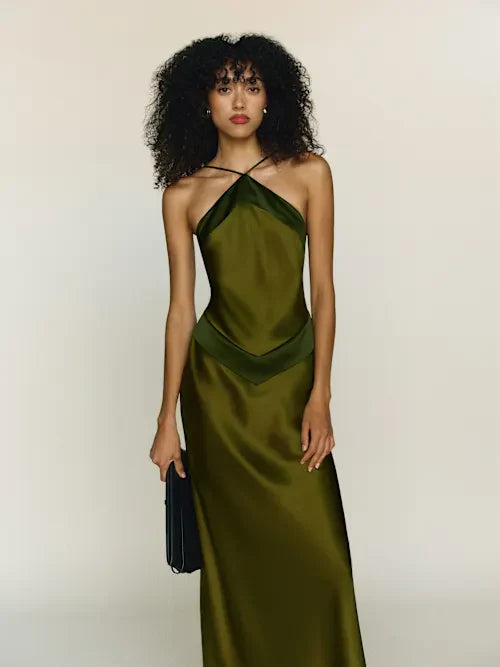 Olive Green Satin Halter Neck Open Back Maxi Prom Dress