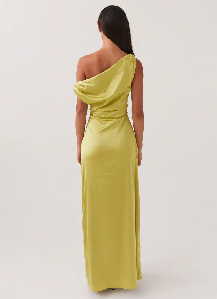 Olive Green Satin One Shoulder Draped Maxi Dress For Elegant Formal Party Events