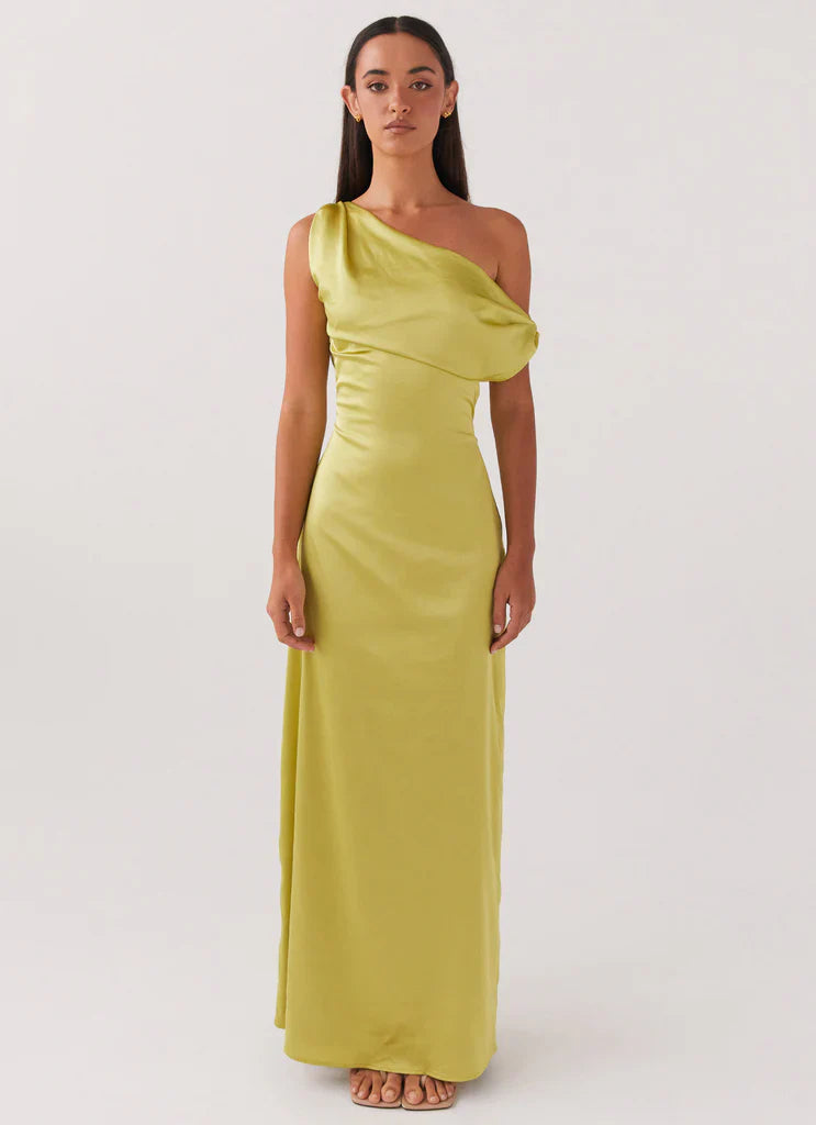 Olive Green Satin One Shoulder Draped Maxi Dress For Elegant Formal Party Events