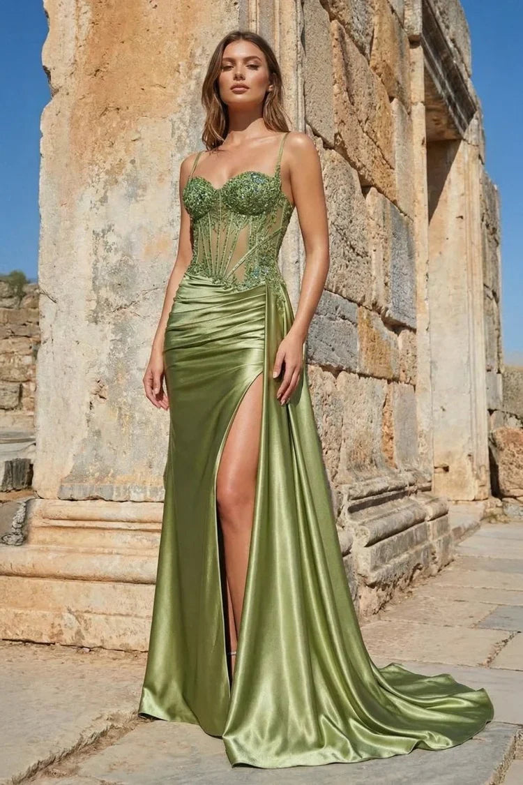 Olive Green Satin Sequins Lace with High Slit Train Prom Dress