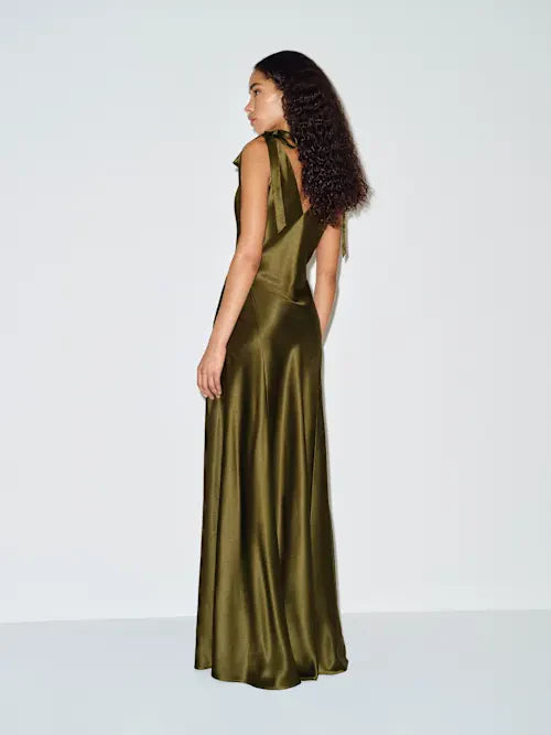 Olive Green Satin Tie-Strap Deep V Open Back Maxi Prom Gown
