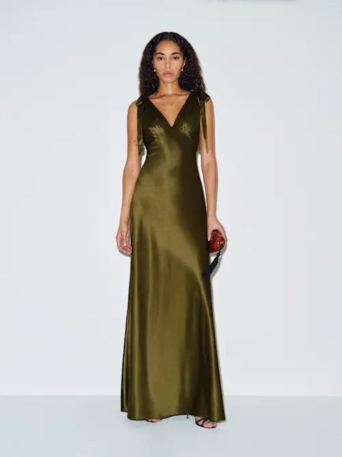 Olive Green Satin Tie-Strap Deep V Open Back Maxi Prom Gown