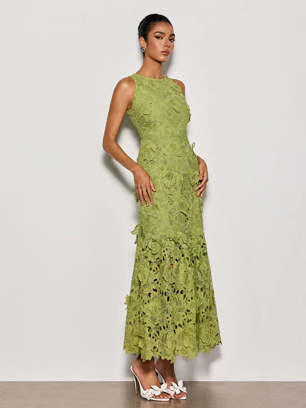 Olive Green Sleeveless 3D Floral Lace Midi Evening Dresses