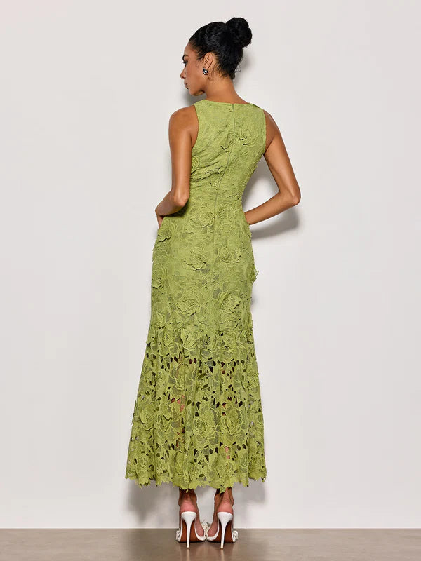 Olive Green Sleeveless 3D Floral Lace Midi Evening Dresses