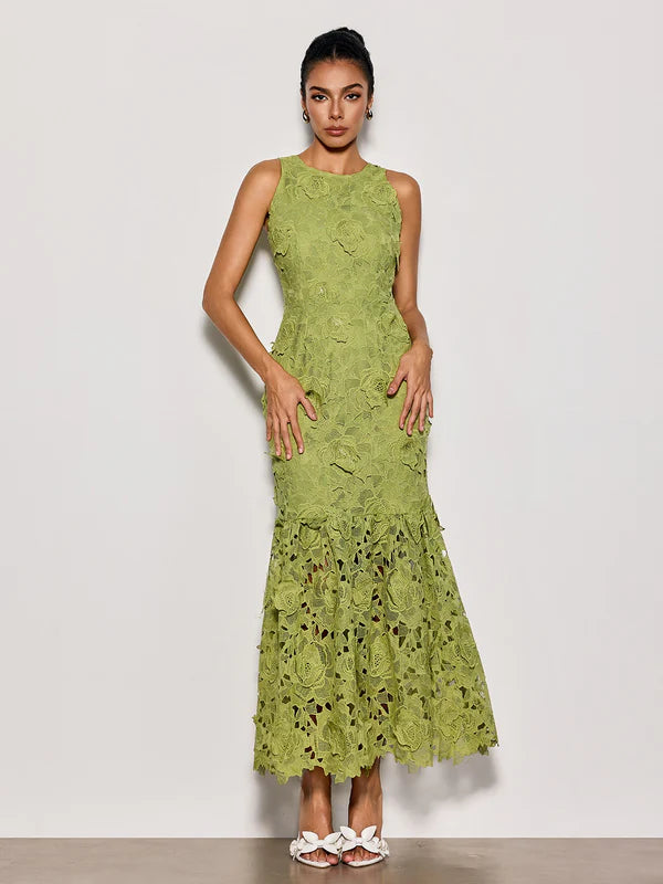 Olive Green Sleeveless 3D Floral Lace Midi Evening Dresses