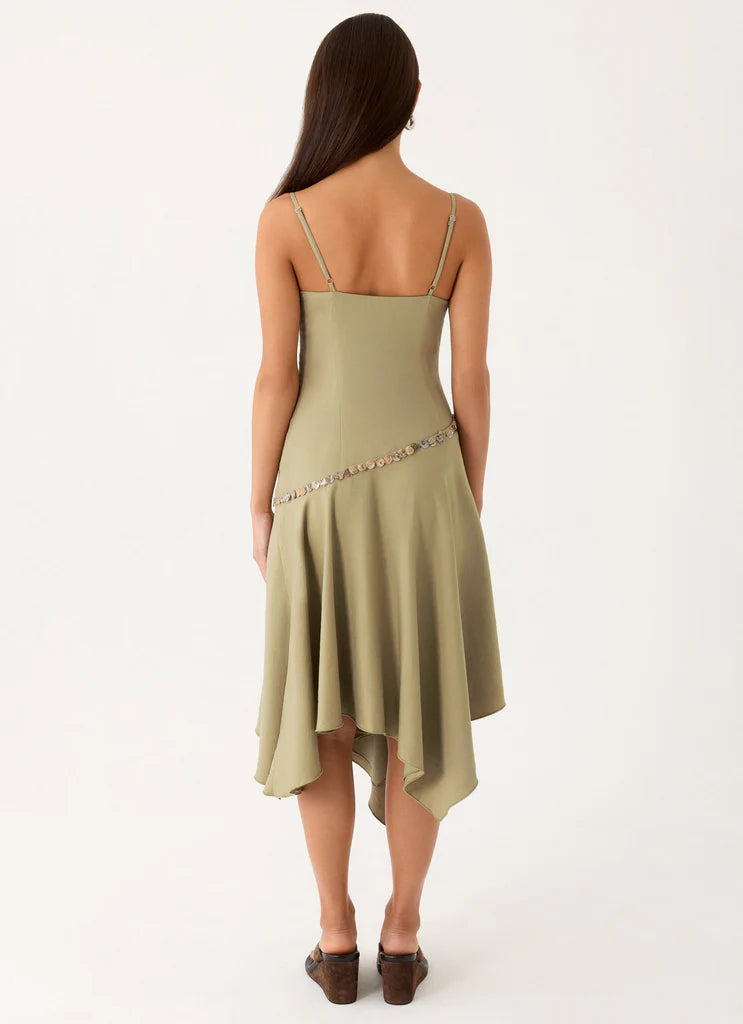 Olive Green Spaghetti Strap Sequin Trim Asymmetrical Midi Evening Dresses