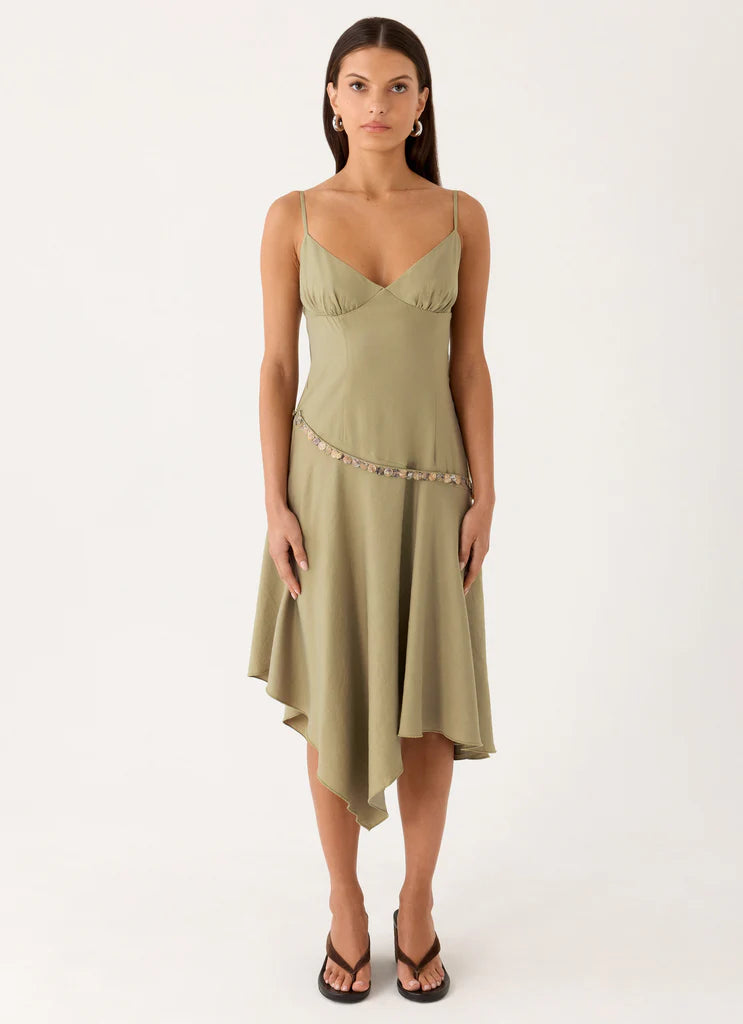 Olive Green Spaghetti Strap Sequin Trim Asymmetrical Midi Evening Dresses