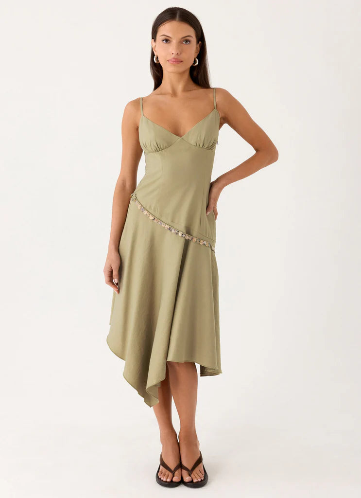 Olive Green Spaghetti Strap Sequin Trim Asymmetrical Midi Evening Dresses