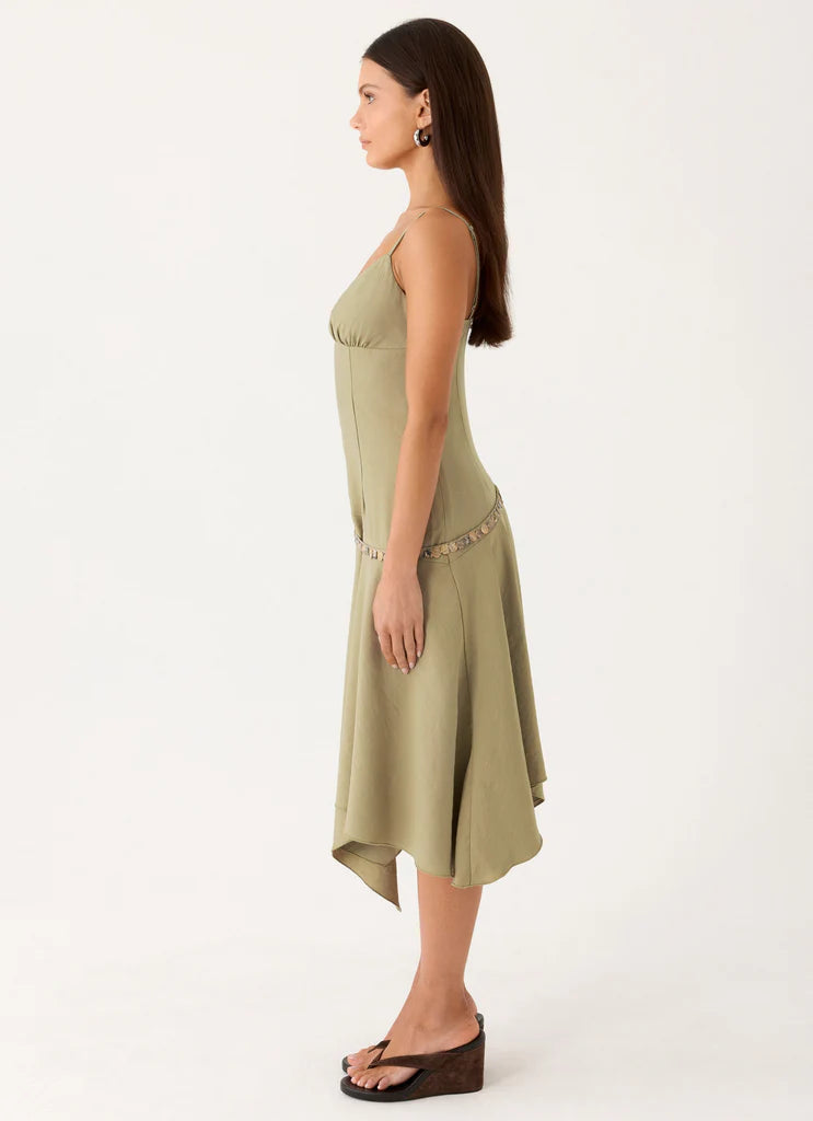 Olive Green Spaghetti Strap Sequin Trim Asymmetrical Midi Evening Dresses
