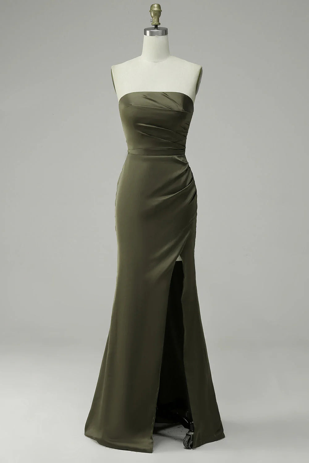 Olive Green Strapless Ruched High Slit Mermaid Evening Dresses