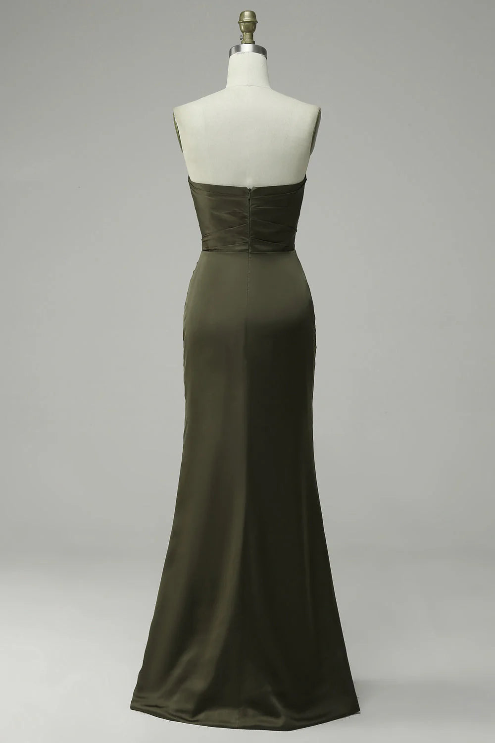 Olive Green Strapless Ruched High Slit Satin Evening Dresses