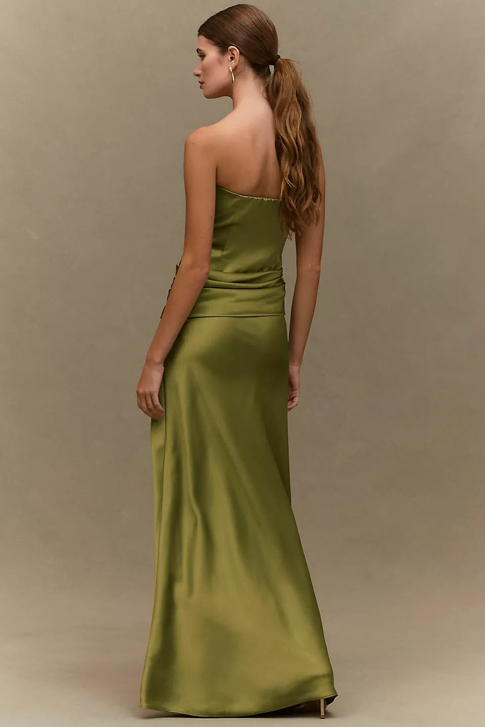 Olive Green Strapless Satin Ruched Waist Maxi Evening Dresses