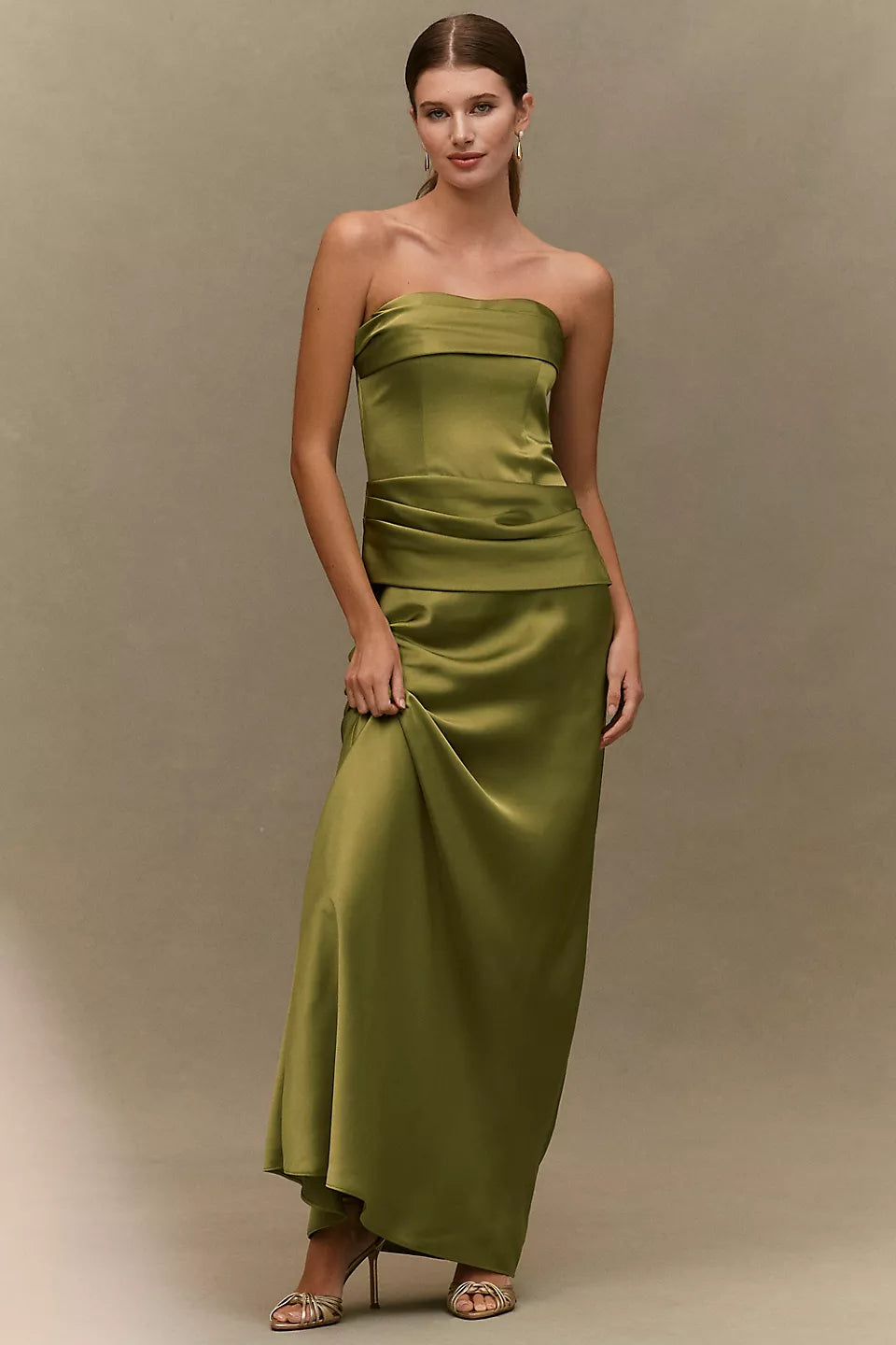 Olive Green Strapless Satin Ruched Waist Maxi Evening Dresses