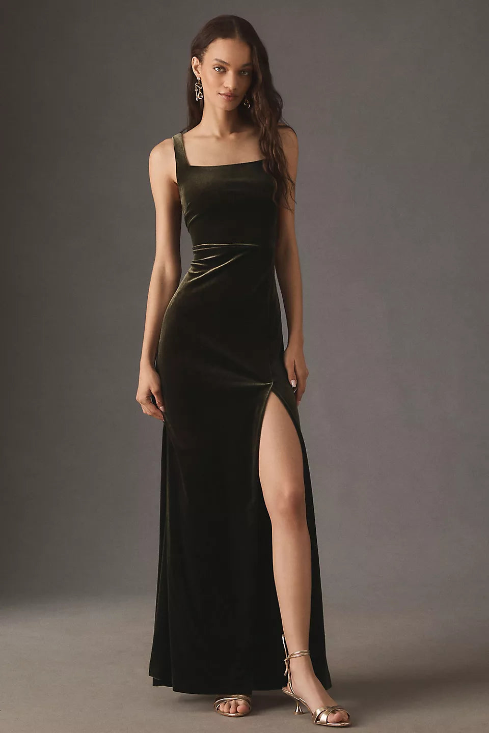 Olive Green Velvet Square Neckline Sleeveless High Slit Maxi Evening Dresses