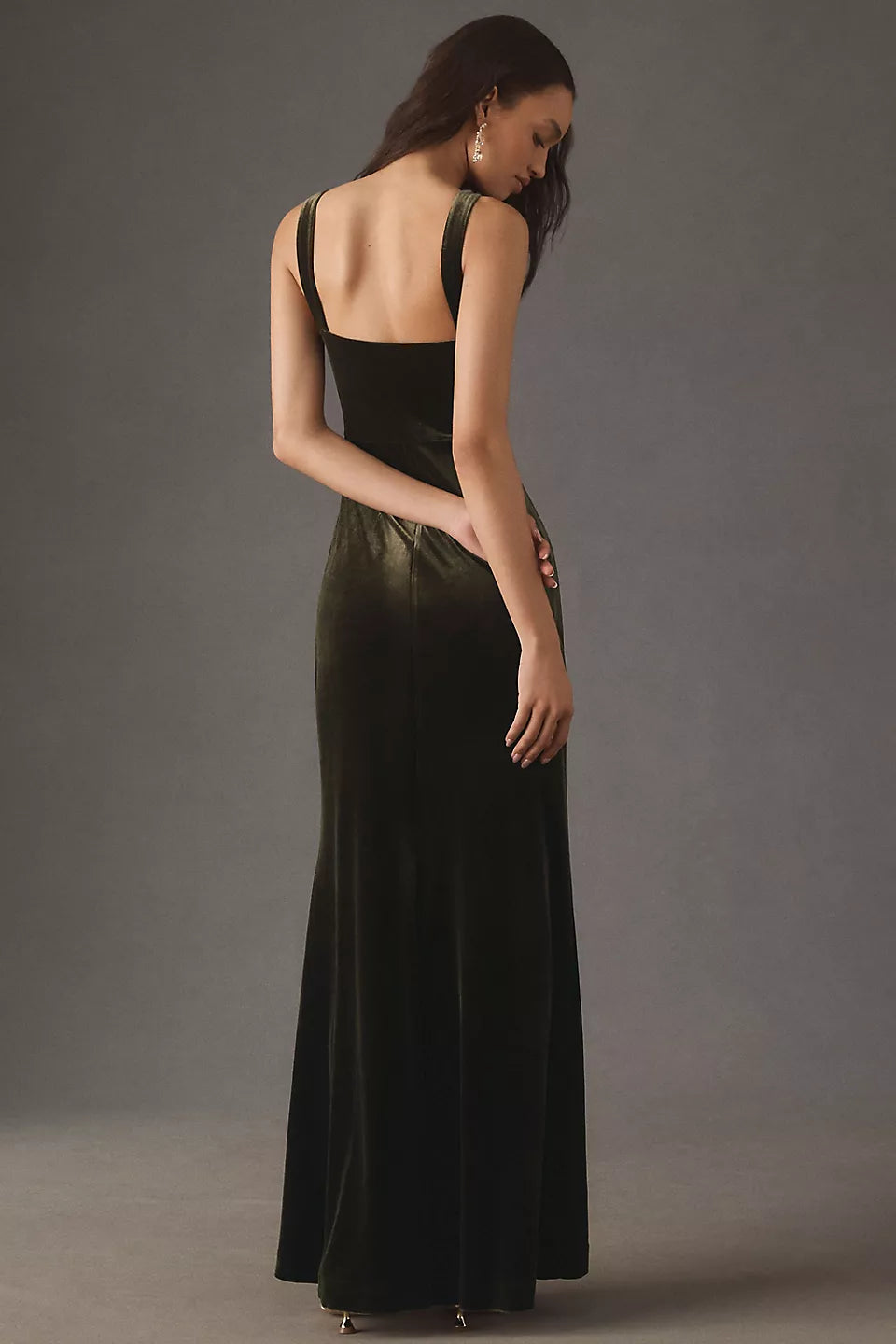 Olive Green Velvet Square Neckline Sleeveless High Slit Maxi Evening Dresses