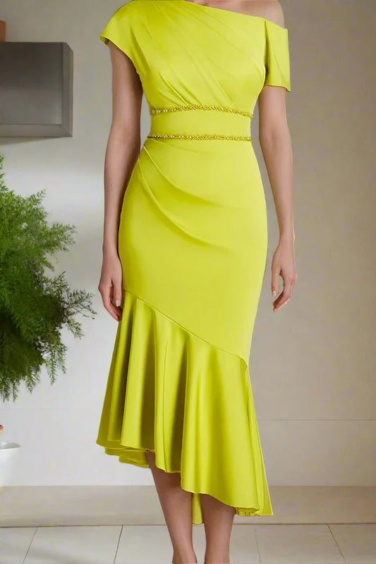 One Shoulder Lime Green Short Sleeve Tea Length Mother of The Bride Dress