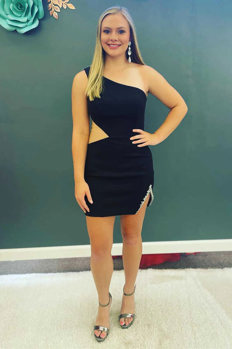 One-Shoulder Cutout Short Party Dress with Slit