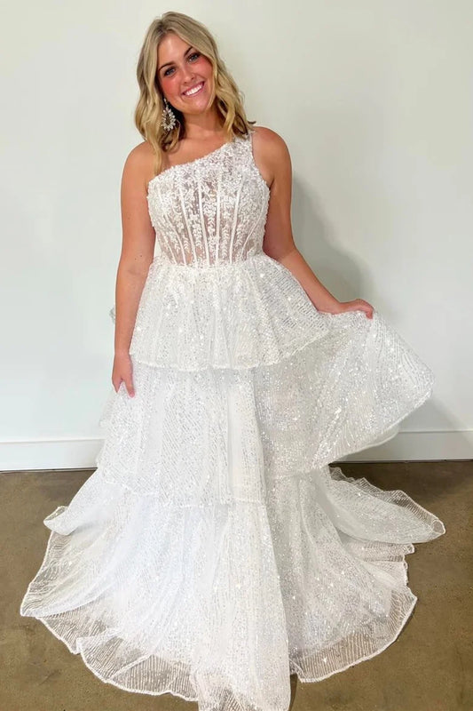 One-Shoulder Lace A-Line Tiered Long Prom Dress with Slit