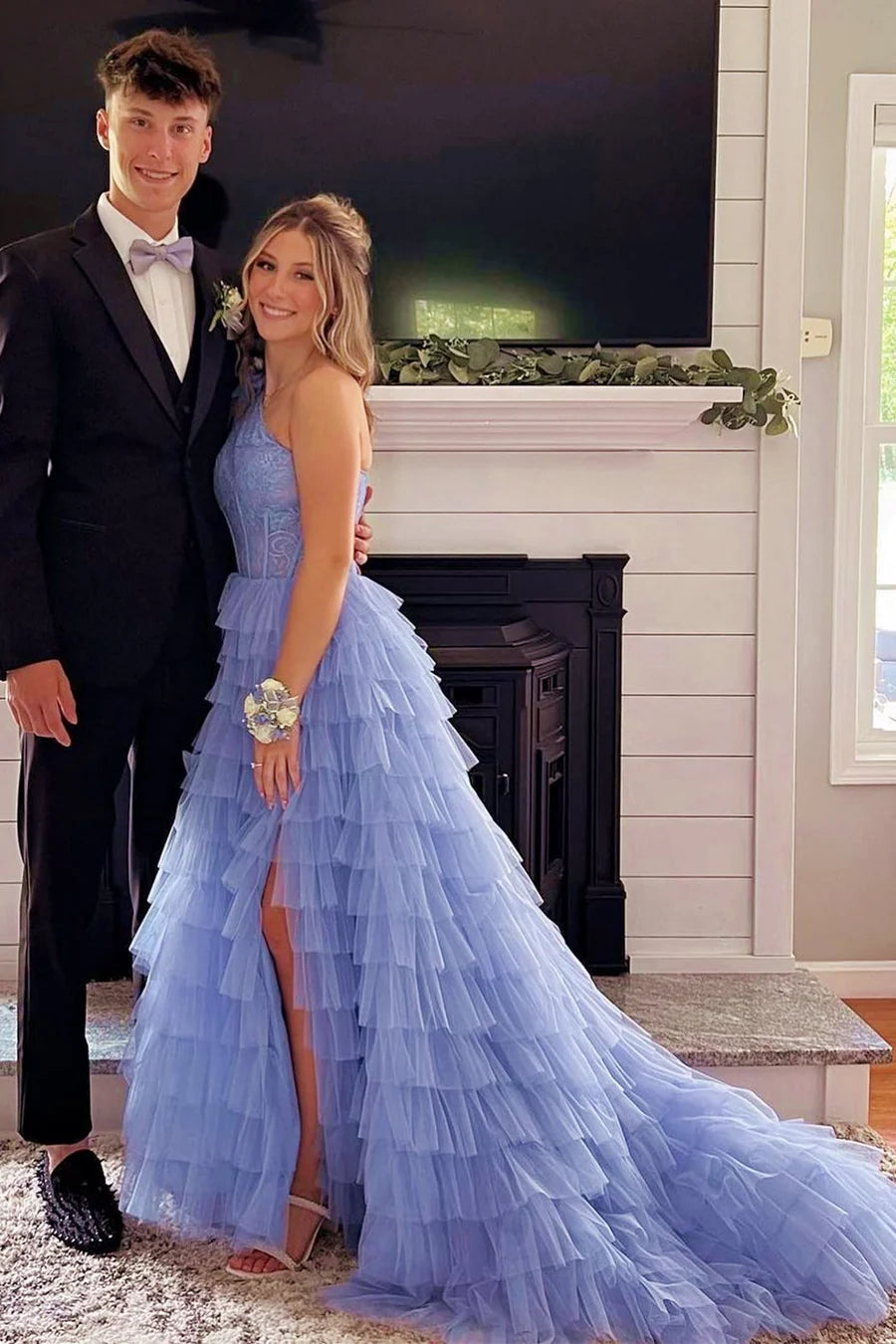 One-Shoulder  Lace A-Line Tiered Prom Dress with Ruffles