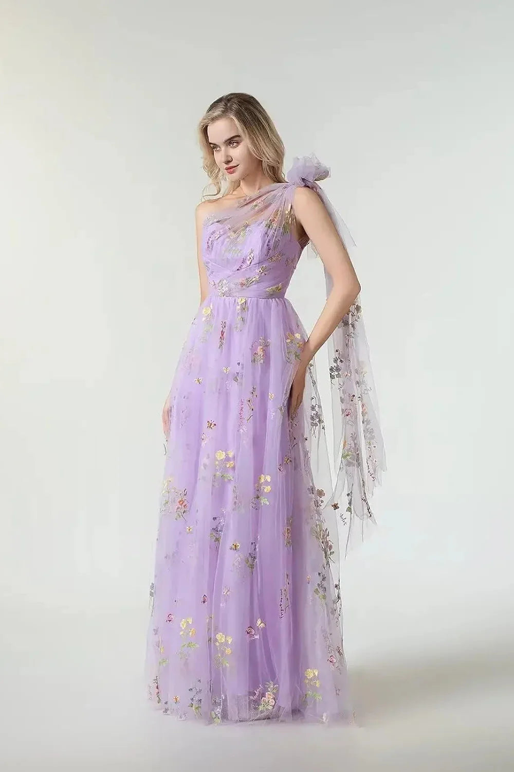 One-Shoulder Lavender Floral Embroidered Tulle Evening Dresses with Detachable Cape and Floor-Length Skirt